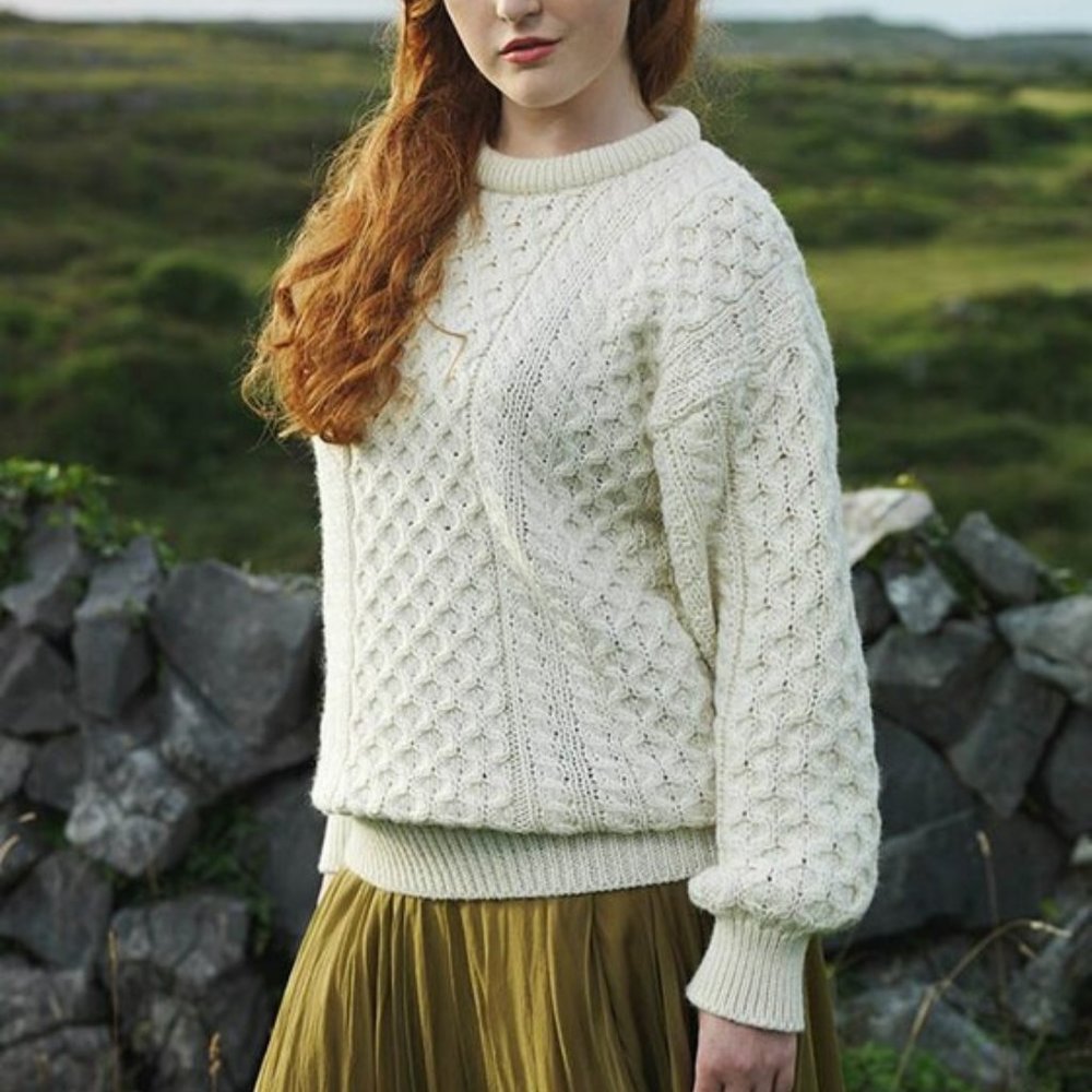 Aran Sweater Market Heavyweight Cream Traditional Cable Knit Wool Sweater